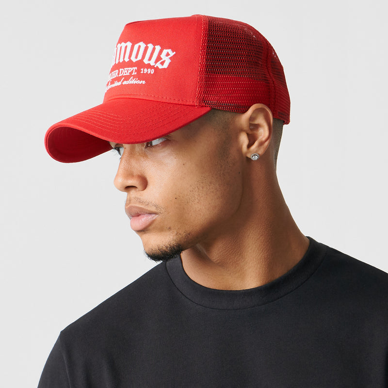 RED INFAMOUS STACKED MESH BACK TRUCKER CAP