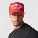 RED INFAMOUS STACKED MESH BACK TRUCKER CAP