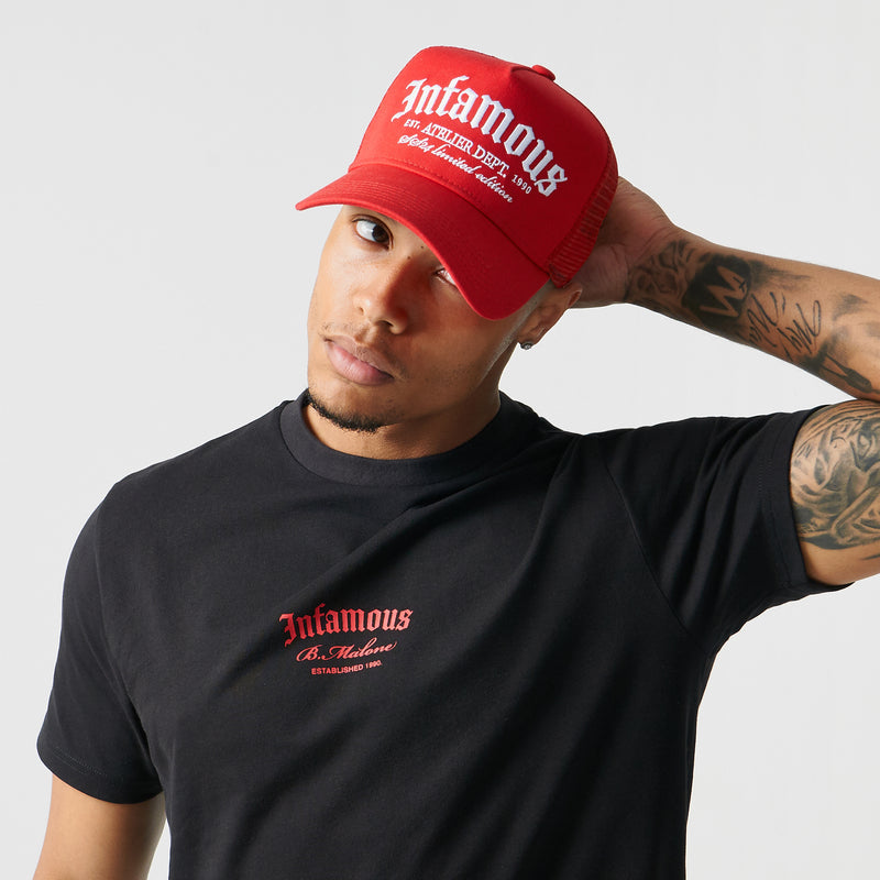 RED INFAMOUS STACKED MESH BACK TRUCKER CAP